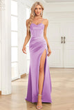 Verde scuro Sirena Spalline sottili Satin Abito da ballo con Split Front