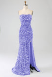 Blu Reale Sirena senza spalline paillettes abito lungo da ballo con fessura