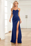 Verde scuro Sirena Spalline sottili Satin Abito da ballo con Split Front