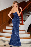 Scintillante rosso sirena senza spalline paillettes lungo abito da ballo con fessura
