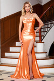 Splendida sirena arancione Spalline sottili Corsetto Abito da ballo con spacco frontale