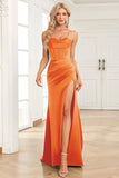 Fucsia Sirena Spalline sottili Satin Abito da ballo con Fessura Frontale