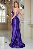 Abito da ballo lungo fucsia a sirena con spalline lunghe con spacco