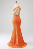 Scintillante Orange Sirena Una spalla Paillettes Abito da ballo con fessura