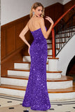 Scintillante rosso sirena senza spalline paillettes lungo abito da ballo con fessura