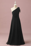 Chiffon nero Una spalla A-Line Junior Bridesmaid Dress