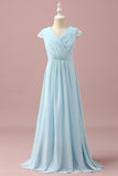 Pizzo azzurro e chiffon V-Neck Junior Bridesmaid Dress