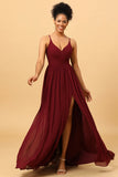 A-Line Chiffon Borgogna Abito da damigella d'onore con spacco