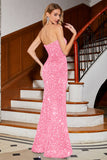 Scintillante rosso sirena senza spalline paillettes lungo abito da ballo con fessura