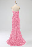 Rosa sirena senza spalline paillettes abito lungo da ballo con fessura