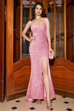 Scintillante Blu Reale Sirena Spalline sottili V-Neck Paillettes Abito Lungo Ballo Con Split