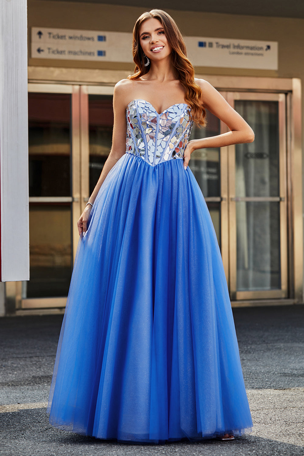 Royal Blue A-Line Sweetheart Broken Mirrors Corsetto senza spalline Abito da ballo lungo