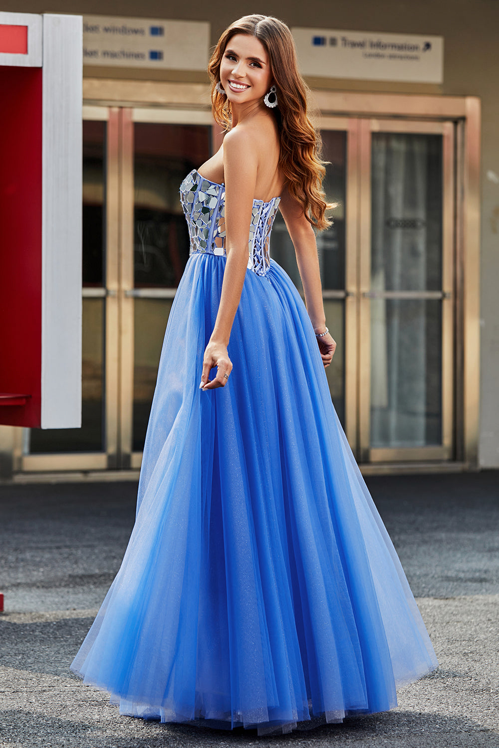 Royal Blue A-Line Sweetheart Broken Mirrors Corsetto senza spalline Abito da ballo lungo