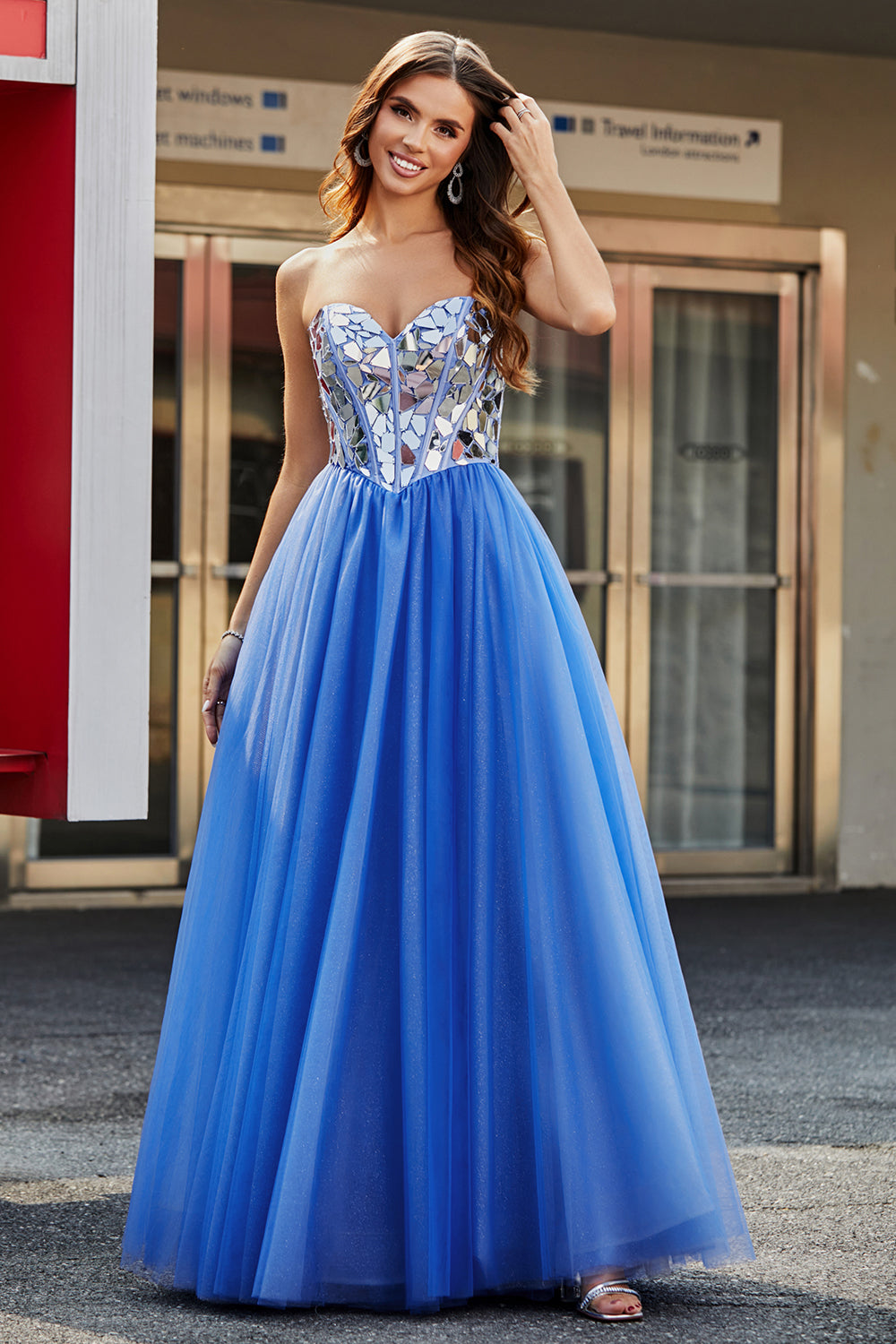 Royal Blue A-Line Sweetheart Broken Mirrors Corsetto senza spalline Abito da ballo lungo