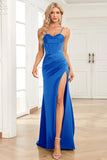 Fucsia Sirena Spalline sottili Satin Abito da ballo con Fessura Frontale