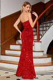 Scintillante rosso sirena senza spalline paillettes lungo abito da ballo con fessura