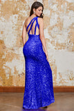 Glitter nero sirena una spalla paillettes abito da ballo con fessura
