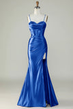 Arancione sirena Spalline sottili lungo corsetto Abito da ballo con fessura