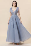 Abito da ballo in tulle lungo in tulle blu scintillante