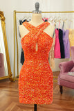 Glitter Red Halter Backless Sequins Tight Homecoming Dress