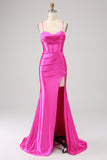 Splendida sirena Spaghetti Straps Fucsia Corsetto Prom Dress con Split Front