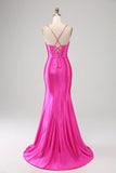 Splendida sirena rossa Spalline sottili Corsetto Abito da ballo con spacco anteriore