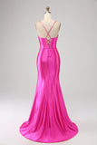 Splendida sirena Spaghetti Straps Fucsia Corsetto Prom Dress con Split Front