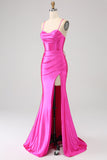 Splendida sirena Spaghetti Straps Fucsia Corsetto Prom Dress con Split Front