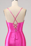 Splendida sirena Spaghetti Straps Fucsia Corsetto Prom Dress con Split Front