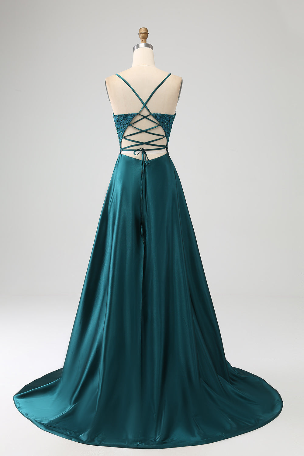 Verde pavone A-Line Spalline sottili Abito lungo da ballo con fessura