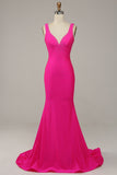 Fucsia Mermaid V-Neck Beaded Prom Dress