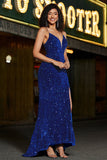 Royal Blue Mermaid Lace-Up Back Paillettes Abito lungo da ballo con fessura