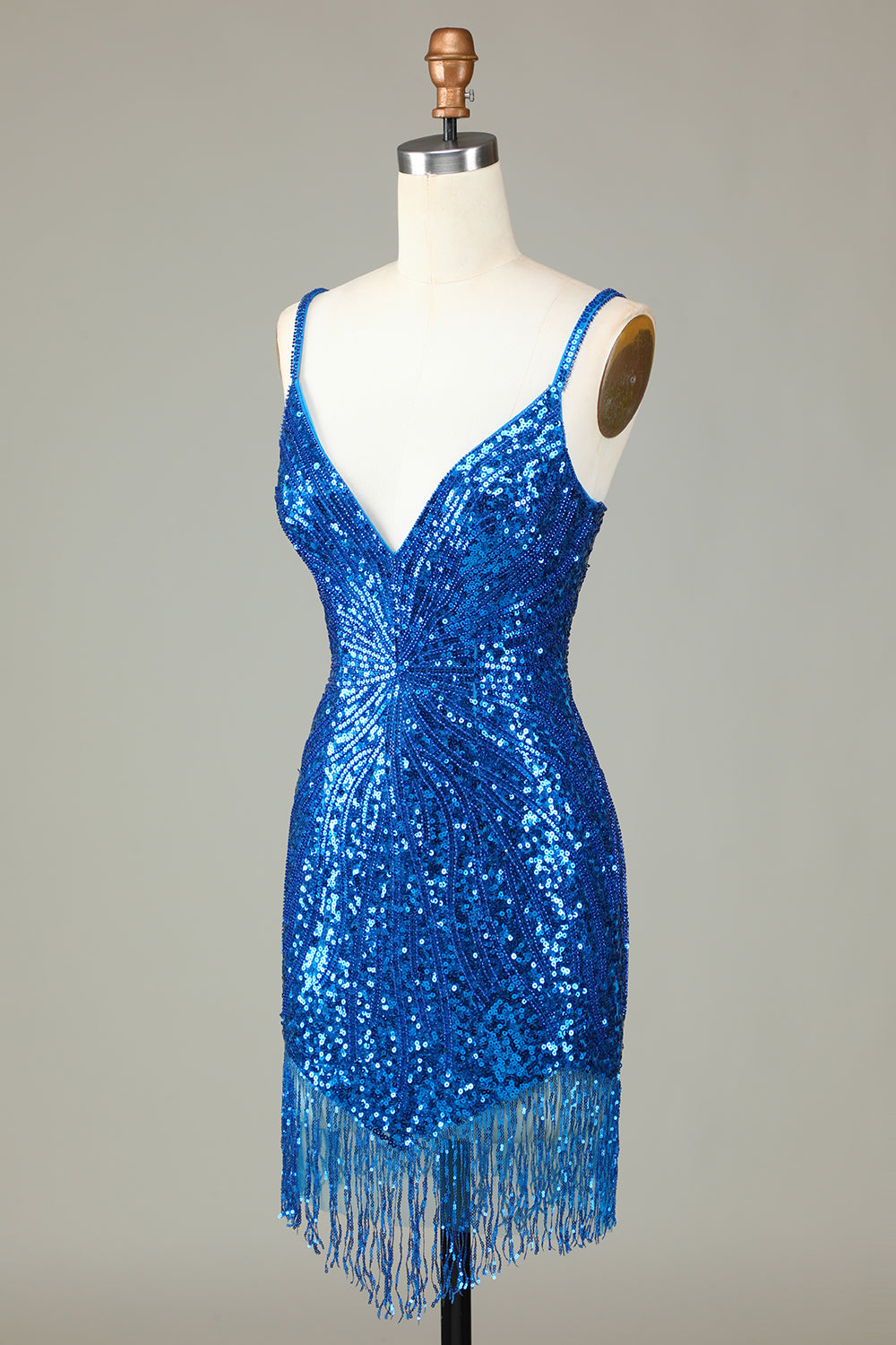 Guaina Spaghetti Straps Peacockt Blue Paillettes 1920s Dress con nappa