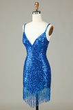 Sparkly Bodycon Spaghetti Straps Blue Sequins Short Homecoming Dress with Nappine