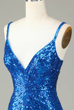 Sparkly Bodycon Spaghetti Straps Blue Sequins Short Homecoming Dress with Nappine