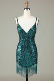 Sparkly Bodycon Spaghetti Straps Blue Sequins Short Homecoming Dress with Nappine