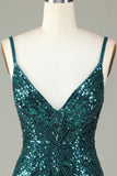Guaina Spaghetti Straps Peacockt Blue Paillettes 1920s Dress con nappa