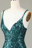 Guaina Spaghetti Straps Peacockt Blue Paillettes 1920s Dress con nappa