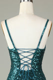 Guaina Spaghetti Straps Peacockt Blue Paillettes 1920s Dress con nappa