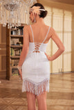 Aderente Spaghetti Straps Paillettes Bianco 1920s Abito da Partito con Nappa