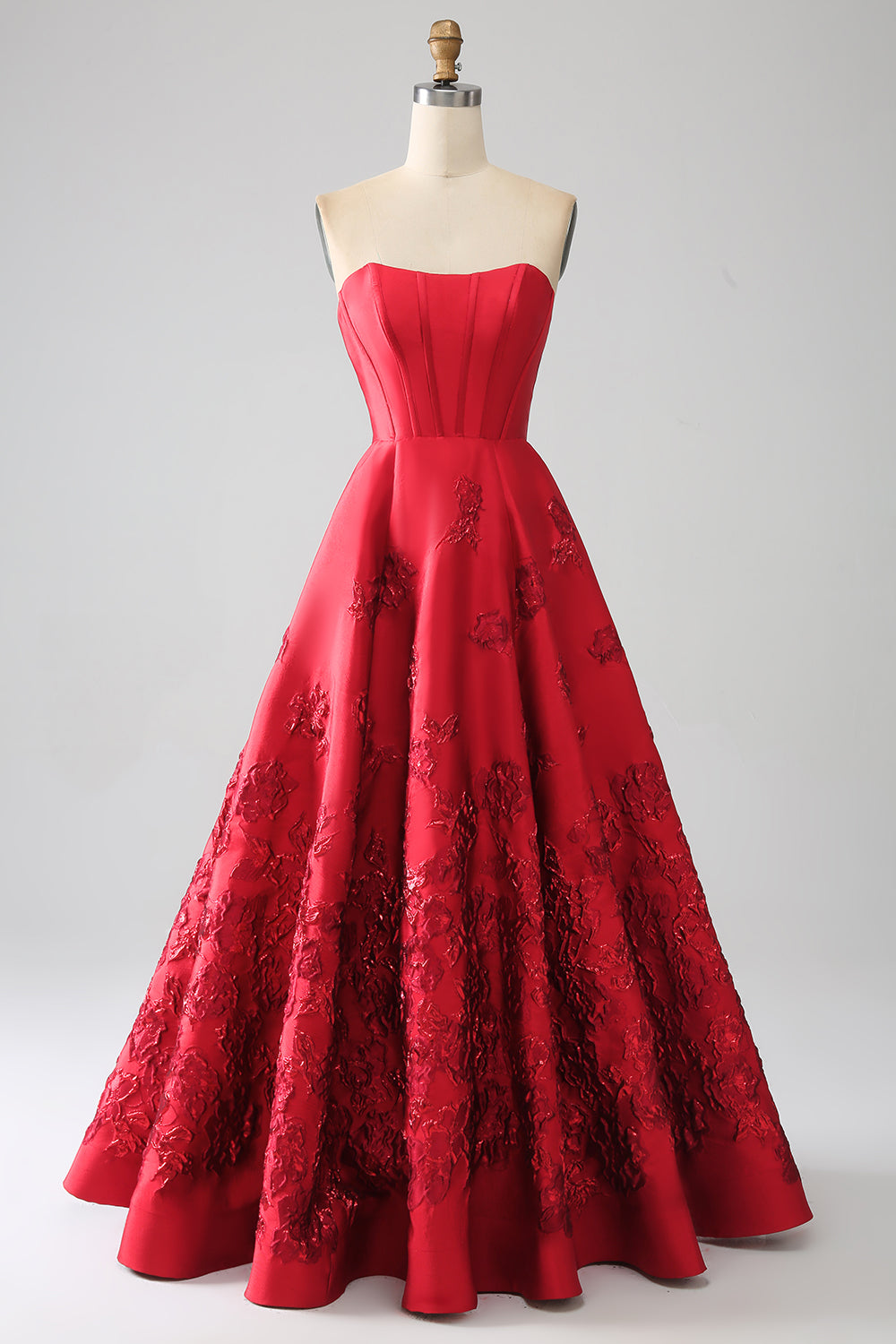 Elegante principessa A-Line senza spalline rosso scuro lungo abito da ballo con fiori 3D