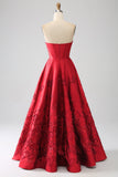 Elegante principessa A-Line senza spalline rosso scuro lungo abito da ballo con fiori 3D