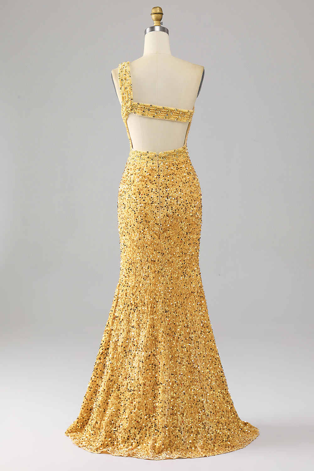 Mermaid Paillettes Una spalla dorato Prom Dress con fessura