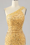 Mermaid Paillettes Una spalla dorato Prom Dress con fessura