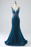 Glitter blu scuro sirena abito da ballo con perline