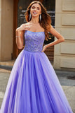 Splendida linea senza spalline lilla abito lungo da ballo con perline