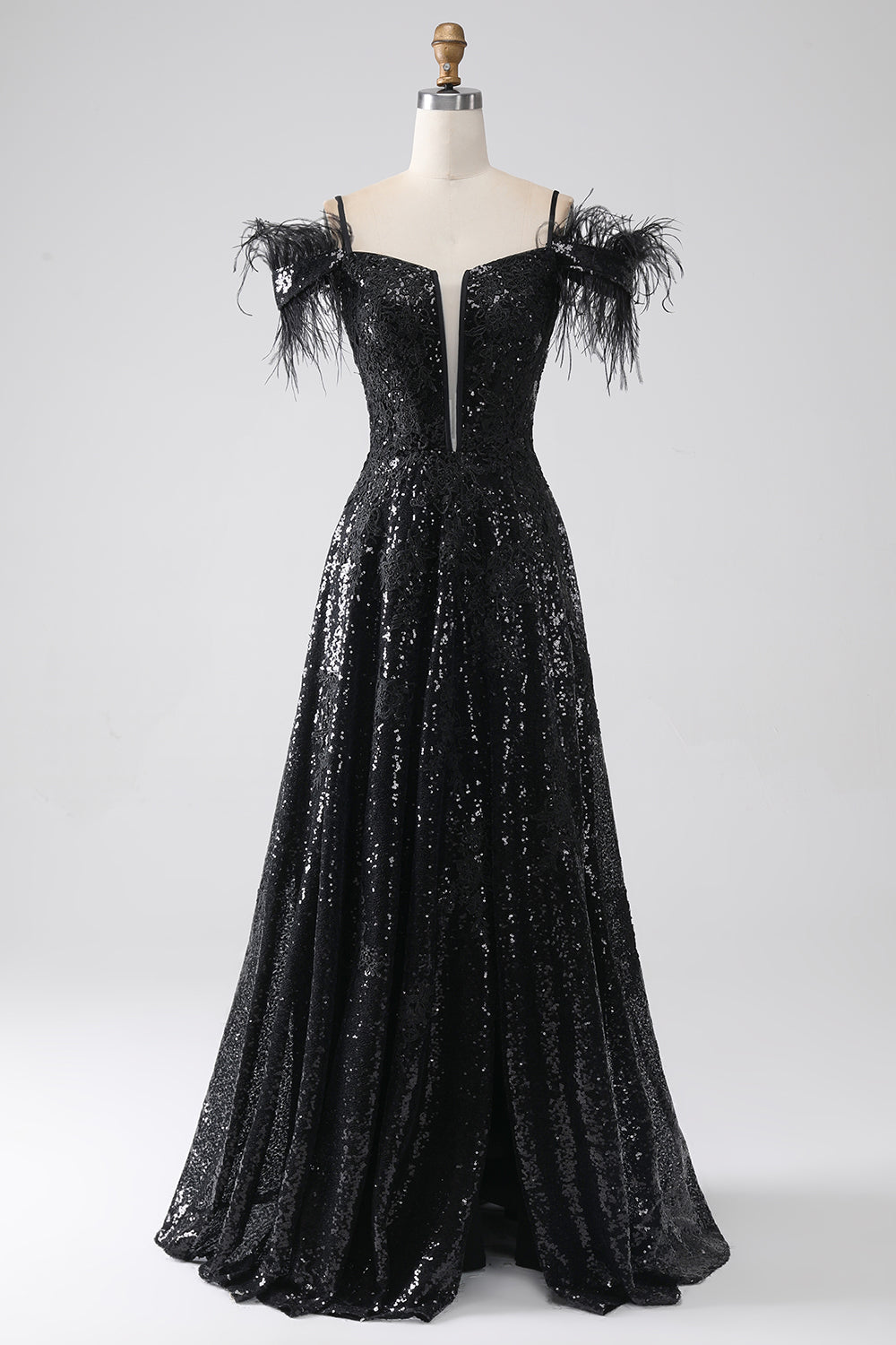 A-Line Spalla fredda Paillettes Abito lungo da ballo con spacco