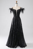 A-Line Spalla fredda Paillettes Abito lungo da ballo con spacco