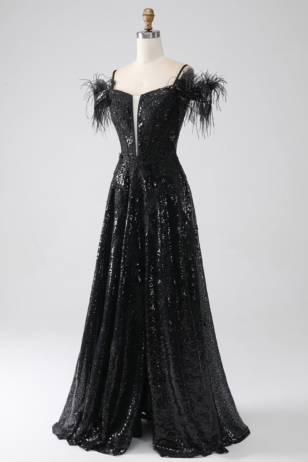 A-Line Spalla fredda Paillettes Abito lungo da ballo con spacco