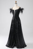 A-Line Spalla fredda Paillettes Abito lungo da ballo con spacco
